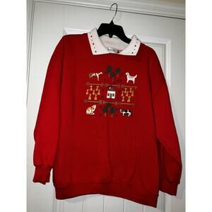 Ashley Hill VTG red sweatshirt white collar dog cat farm cow horse LG sweatshirt